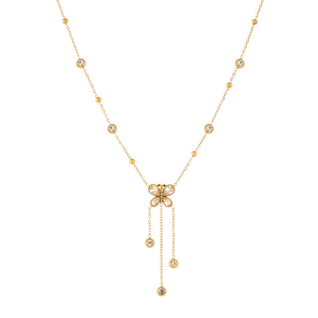 Korean style fashionable rhinestone butterfly teardrop pendant tassel chain stainless steel long gold-plated simple jewelry necklace