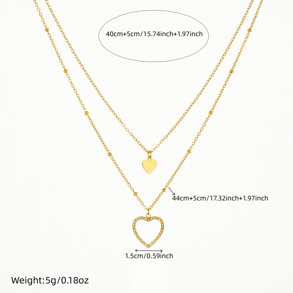 Korean style fashionable stainless steel gold-plated polished heart-shaped diamond-encrusted hollow pendant, double-layered jewelry, versatile necklace