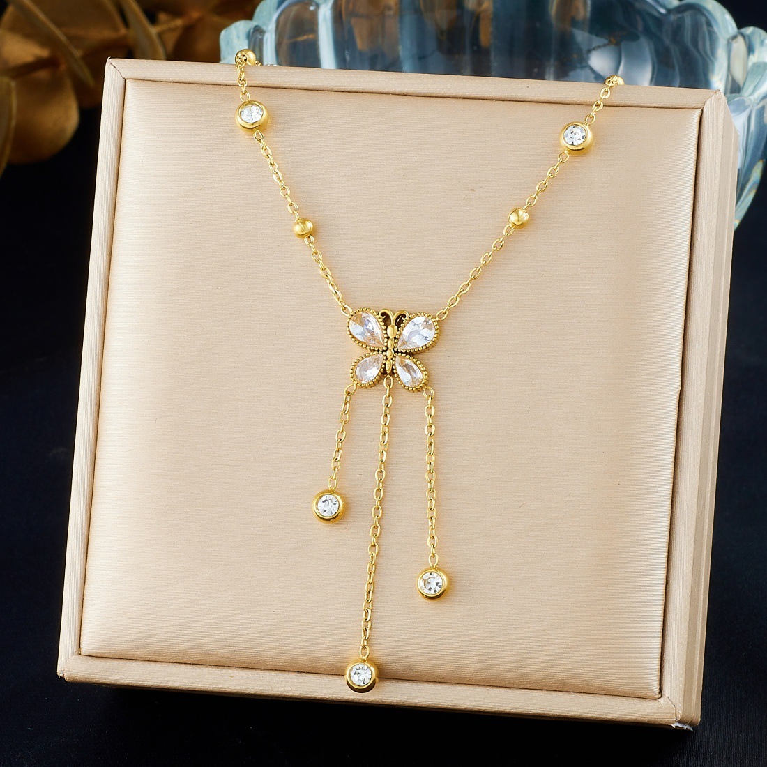 Korean style fashionable rhinestone butterfly teardrop pendant tassel chain stainless steel long gold-plated simple jewelry necklace