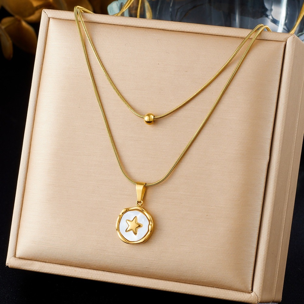 European and American cross-border fashion retro white shell round square geometric pendant gold-plated butterfly flower stacked jewelry necklace