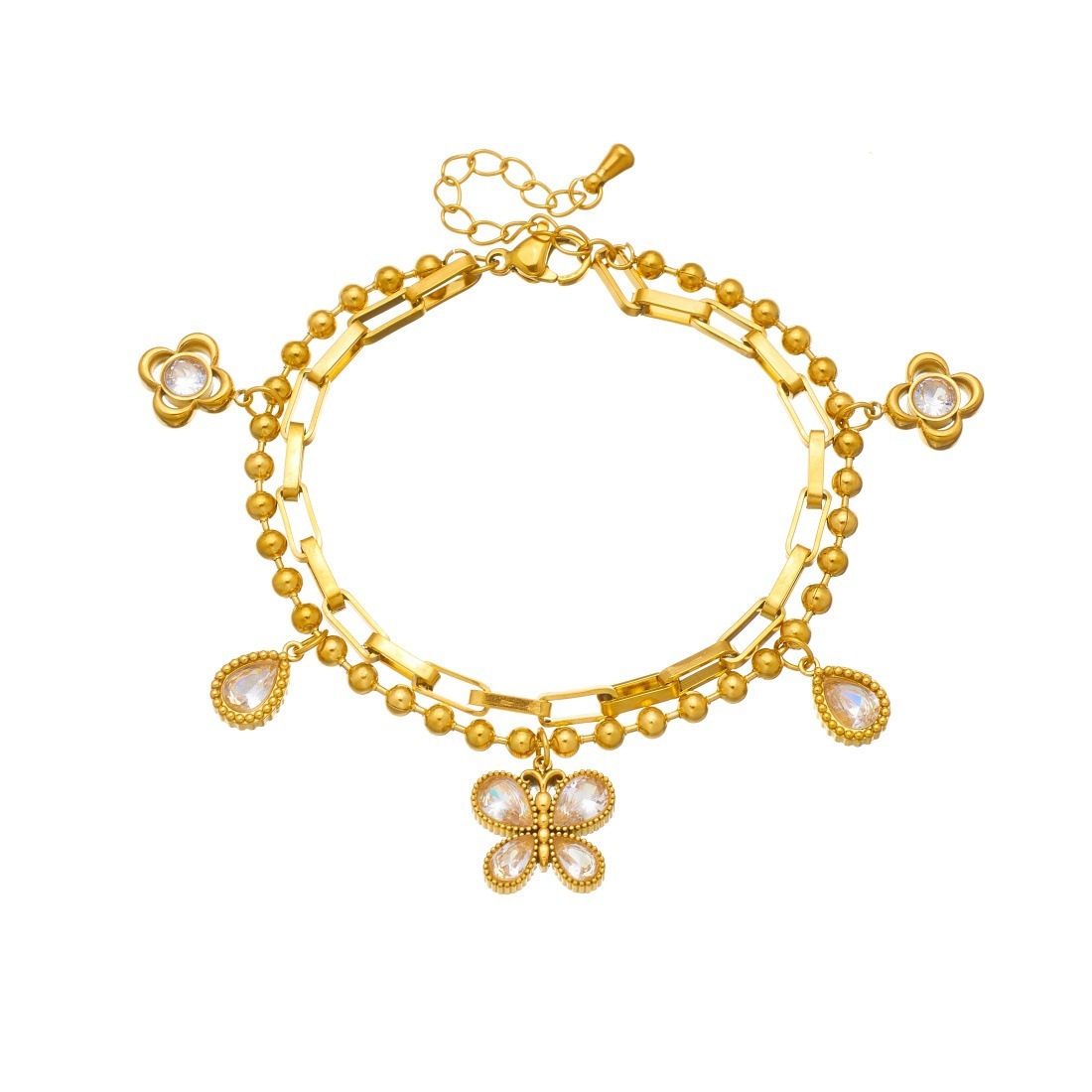 Cross-border fashion minimalist diamond-encrusted teardrop-shaped butterfly pendant, gold-plated stainless steel, stackable double-chain accessory bracelet