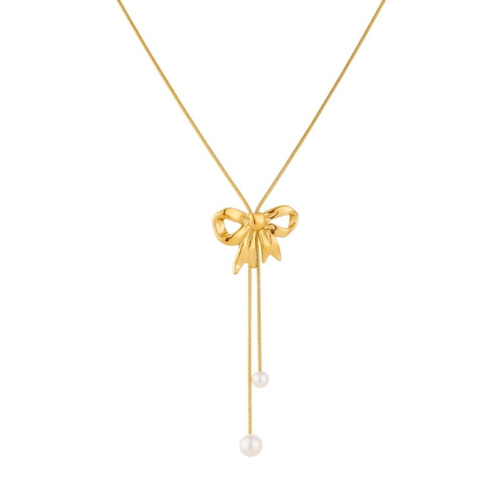 Korean style, trendy, niche design, gold-plated bow pearl pendant tassel stainless steel snake chain necklace