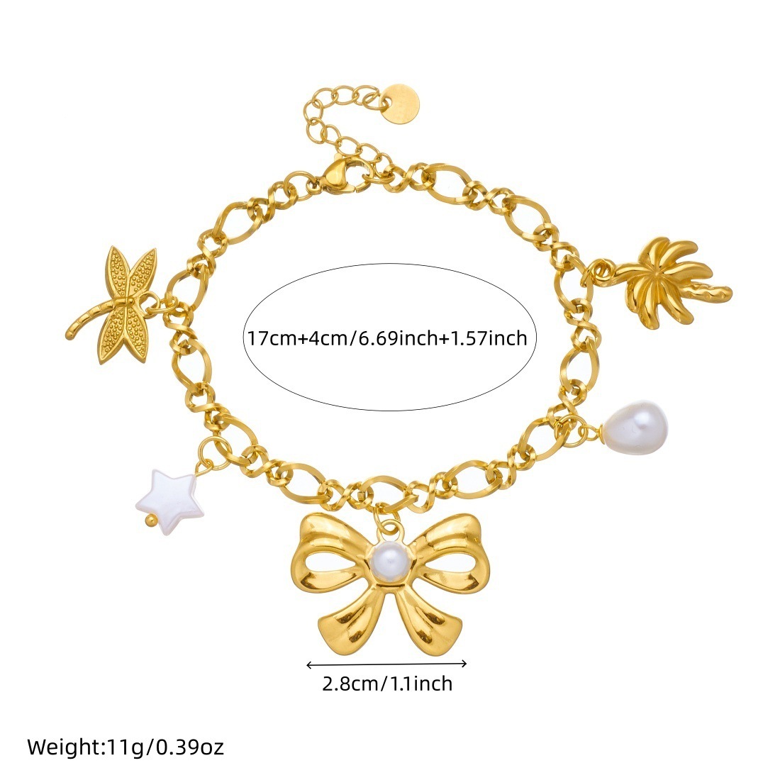 Korean style, fashionable and simple gold-plated pearl bow pendant chain, stainless steel coconut tree dragonfly pendant bracelet for women.