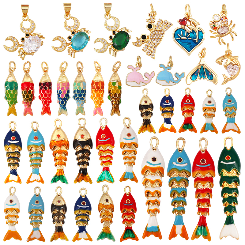 Enamel Fish Whale Shark Tale Crab Marine Sea Dalphin Charm Pendant,18K Real Gold Plated Zircon Jewelry Finding Supplies S75