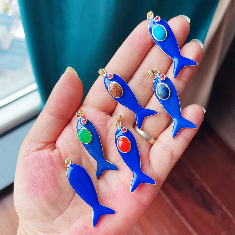 Trendy Multicolor Enamel Fish Ocean Charm Necklace Pendant,18K Real Gold Plated Zircon Summer Beach Holiday Jewelry Supply K91