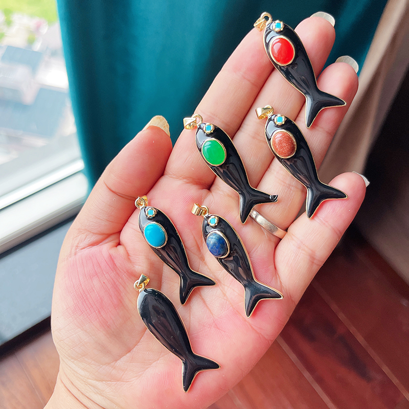 Trendy Multicolor Enamel Fish Ocean Charm Necklace Pendant,18K Real Gold Plated Zircon Summer Beach Holiday Jewelry Supply K91