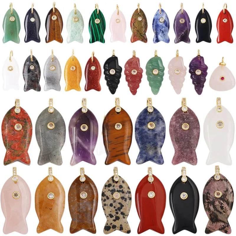 Natural Semi Precious Stone Pendant Amazonite Amethyst Labradorite Carnelian Onyx Jade Fish Conch Charm Necklace For Women R85