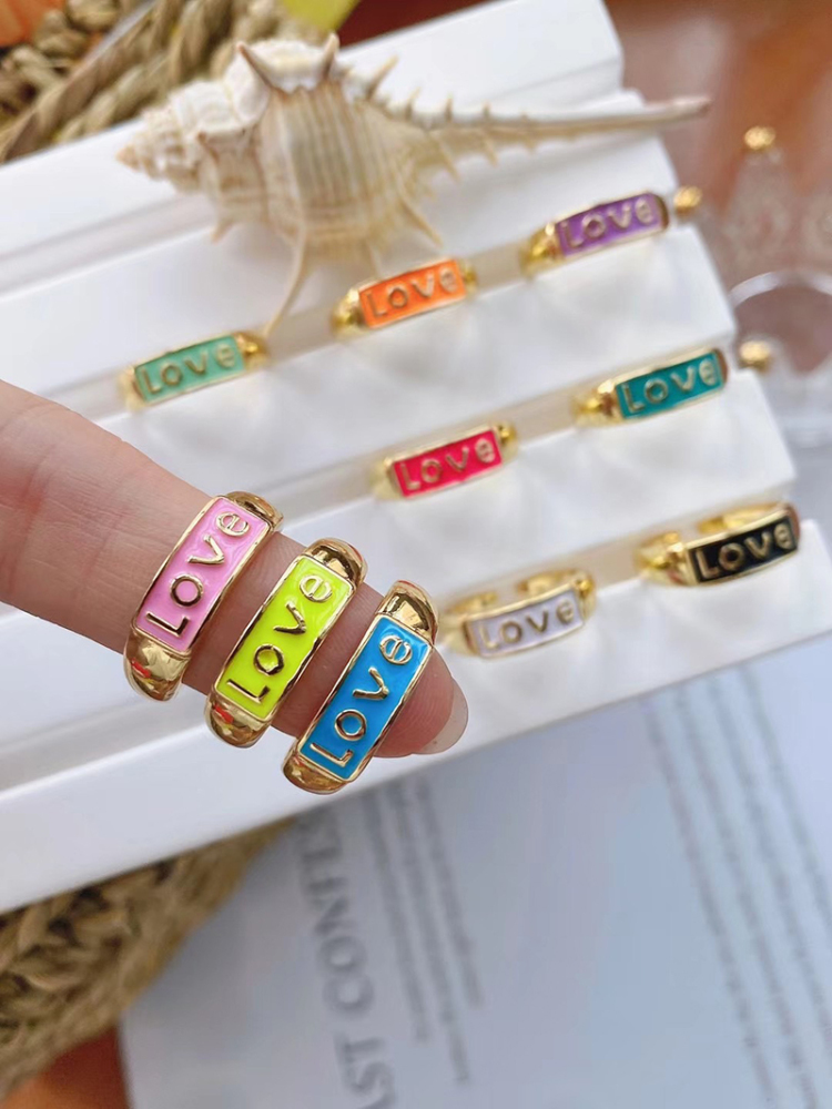 BABY LOVE HOPE DREAMER CHAOS Letter Charm Finger Ring,Colourful Enamel Coated Open Adjustable Rings Jewelry Findings Supplies S02