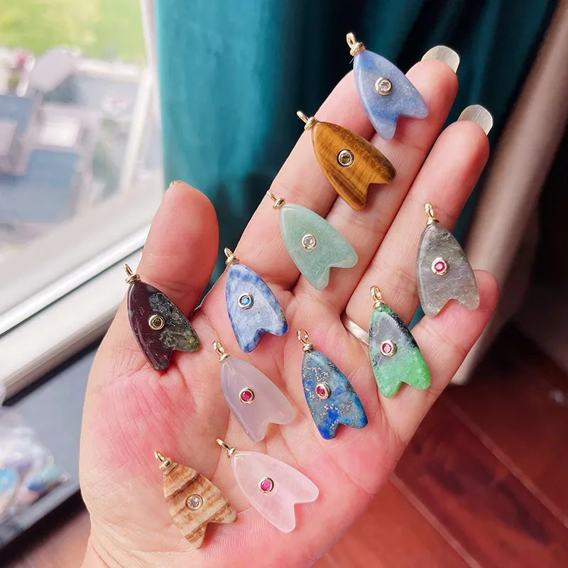 Trendy Semi-precious Stone Fish Conch Shell Charm Pendant,Turquoise Amethyst Strawberry Quartz Agate Jade DIY Jewelry Making R43
