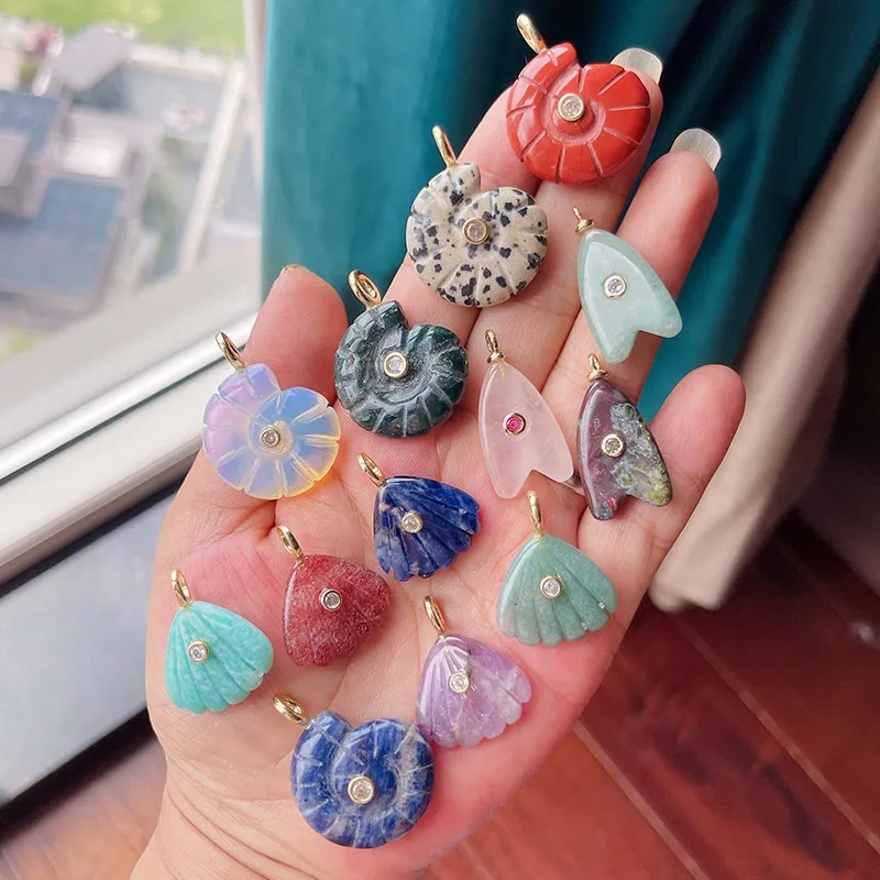 Trendy Semi-precious Stone Fish Conch Shell Charm Pendant,Turquoise Amethyst Strawberry Quartz Agate Jade DIY Jewelry Making R43