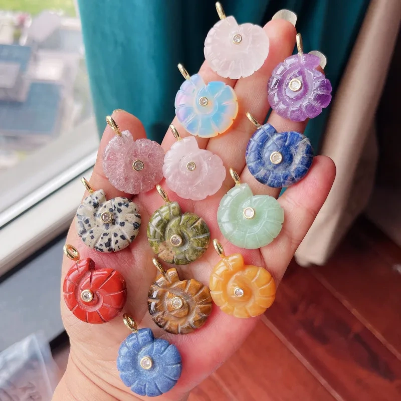Trendy Semi-precious Stone Fish Conch Shell Charm Pendant,Turquoise Amethyst Strawberry Quartz Agate Jade DIY Jewelry Making R43