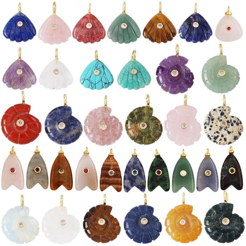 Trendy Semi-precious Stone Fish Conch Shell Charm Pendant,Turquoise Amethyst Strawberry Quartz Agate Jade DIY Jewelry Making R43