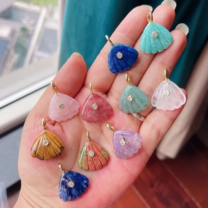 Trendy Semi-precious Stone Fish Conch Shell Charm Pendant,Turquoise Amethyst Strawberry Quartz Agate Jade DIY Jewelry Making R43