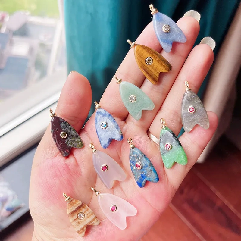Trendy Semi-precious Stone Fish Conch Shell Charm Pendant,Turquoise Amethyst Strawberry Quartz Agate Jade DIY Jewelry Making R43