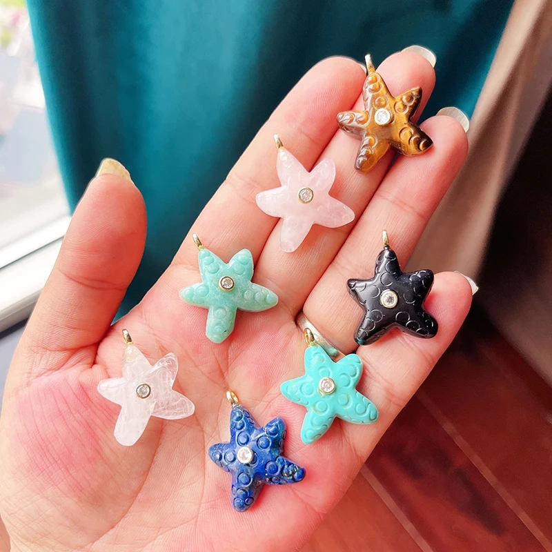 Natural Gemstone Starfish Conch Seashell Pendant,Lapis Lazuli Tiger's Eye Strawberry Quartz Amazonite Beach Boho Necklace R46