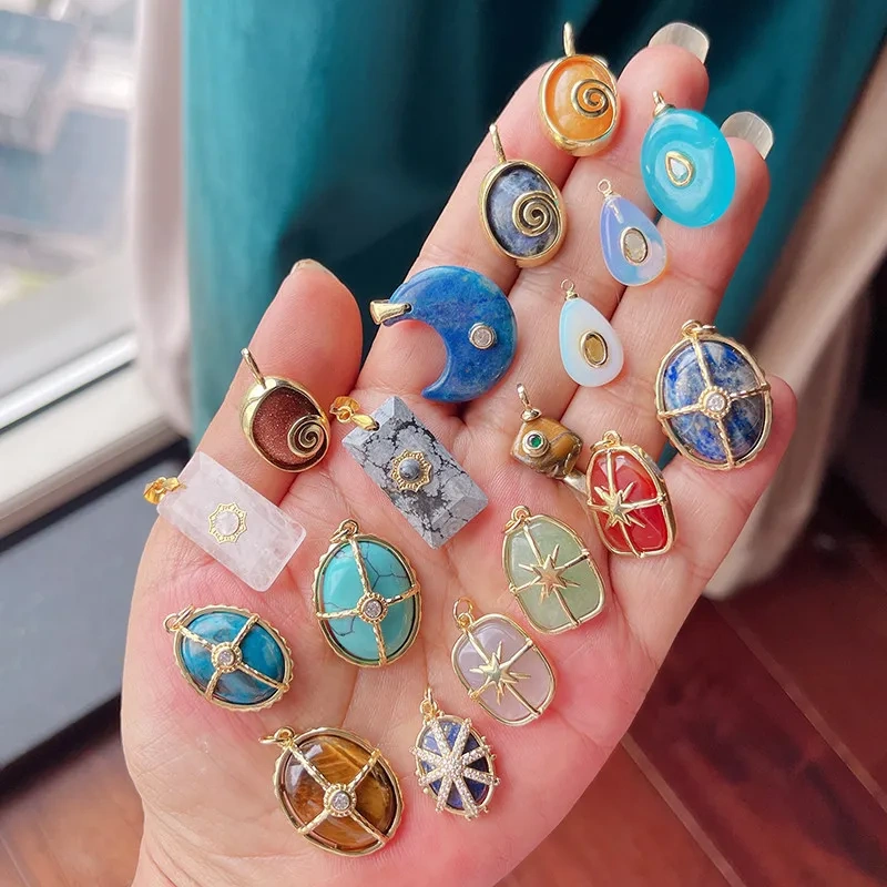 Semi-precious Stone Star Moon Sun Pendant,Turquoise Amethyst Strawberry Quartz Agate Jade Crystal Charm For Jewelry Making R80