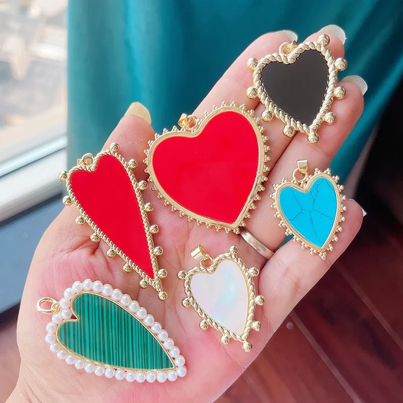 R64 Light Luxury Imitation Gemstone Turquoise Red Black Shell Agate Heart Sun Charm Pendant,Jewelry Necklace Bracelet Supply R64