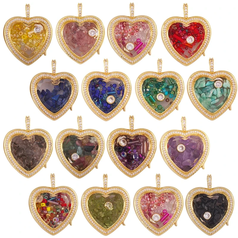 Refillable Locket Open Heart Shape with Gemstone Seed Beads ,18K Real Gold Plated Pendants Jewelry Findings Supplies S60