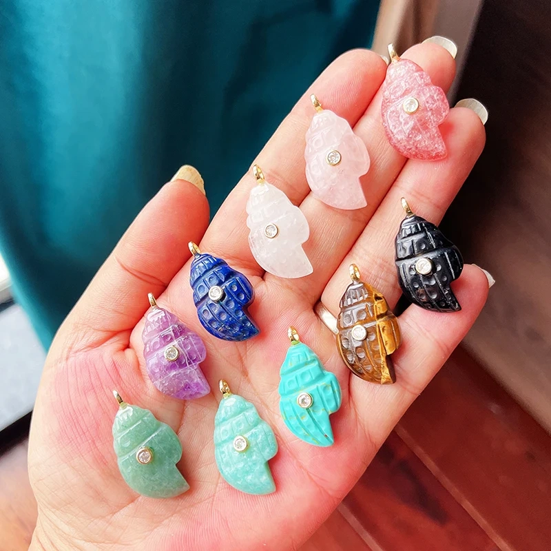 Natural Gemstone Starfish Conch Seashell Pendant,Lapis Lazuli Tiger's Eye Strawberry Quartz Amazonite Beach Boho Necklace R46
