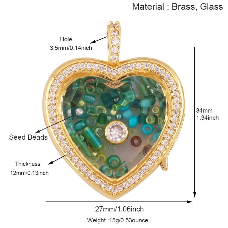Refillable Locket Open Heart Shape with Gemstone Seed Beads ,18K Real Gold Plated Pendants Jewelry Findings Supplies S60