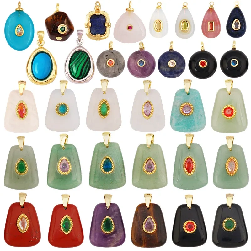 Natural Gemstone Pendants Turquoise Lapis Amethyst Quartz,Water Drop Oval Round Geometric Charm DIY Jewelry Making Supplies R88