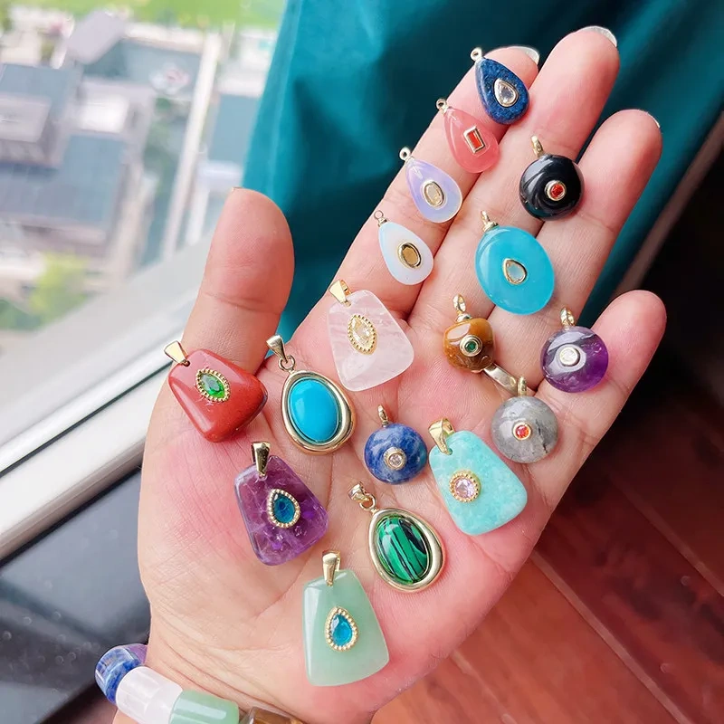 Natural Gemstone Pendants Turquoise Lapis Amethyst Quartz,Water Drop Oval Round Geometric Charm DIY Jewelry Making Supplies R88