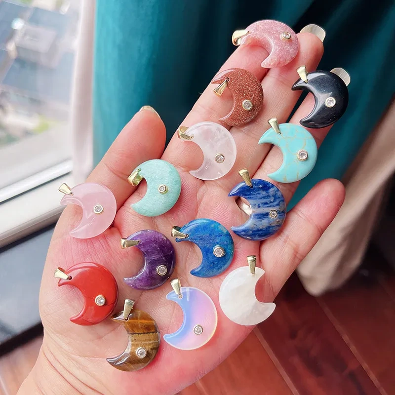 Semi-precious Stone Star Moon Sun Pendant,Turquoise Amethyst Strawberry Quartz Agate Jade Crystal Charm For Jewelry Making R80