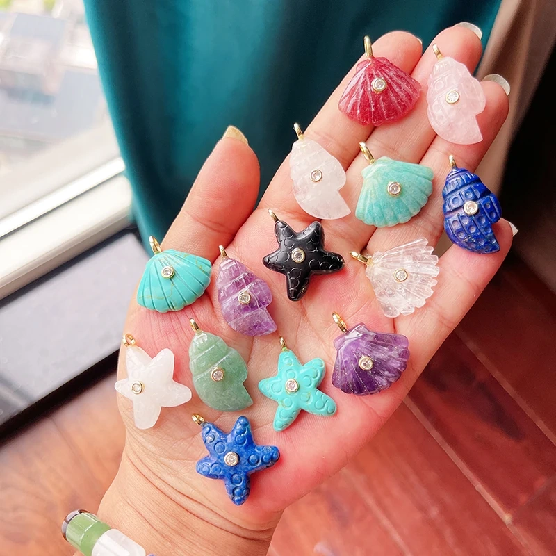 Natural Gemstone Starfish Conch Seashell Pendant,Lapis Lazuli Tiger's Eye Strawberry Quartz Amazonite Beach Boho Necklace R46
