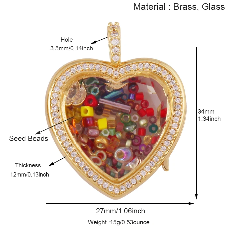 Refillable Locket Open Heart Shape with Gemstone Seed Beads ,18K Real Gold Plated Pendants Jewelry Findings Supplies S60