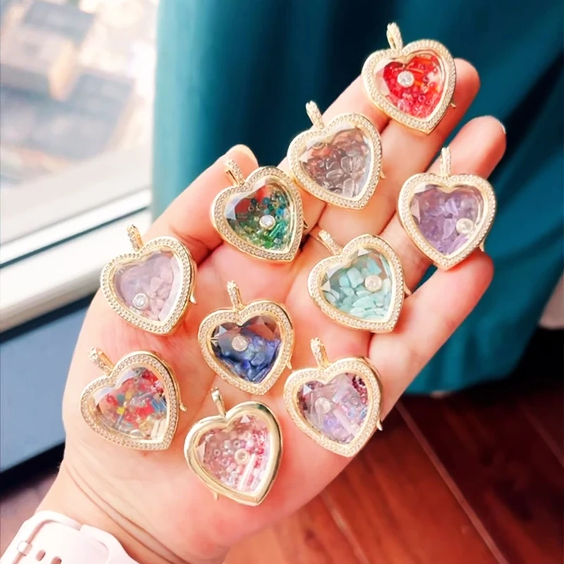 Refillable Locket Open Heart Shape with Gemstone Seed Beads ,18K Real Gold Plated Pendants Jewelry Findings Supplies S60