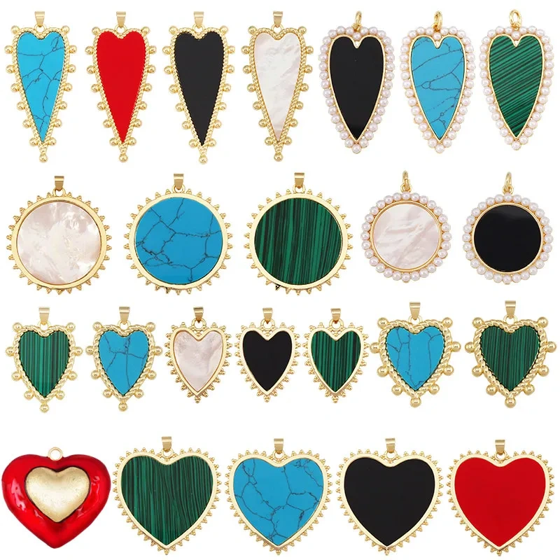 R64 Light Luxury Imitation Gemstone Turquoise Red Black Shell Agate Heart Sun Charm Pendant,Jewelry Necklace Bracelet Supply R64