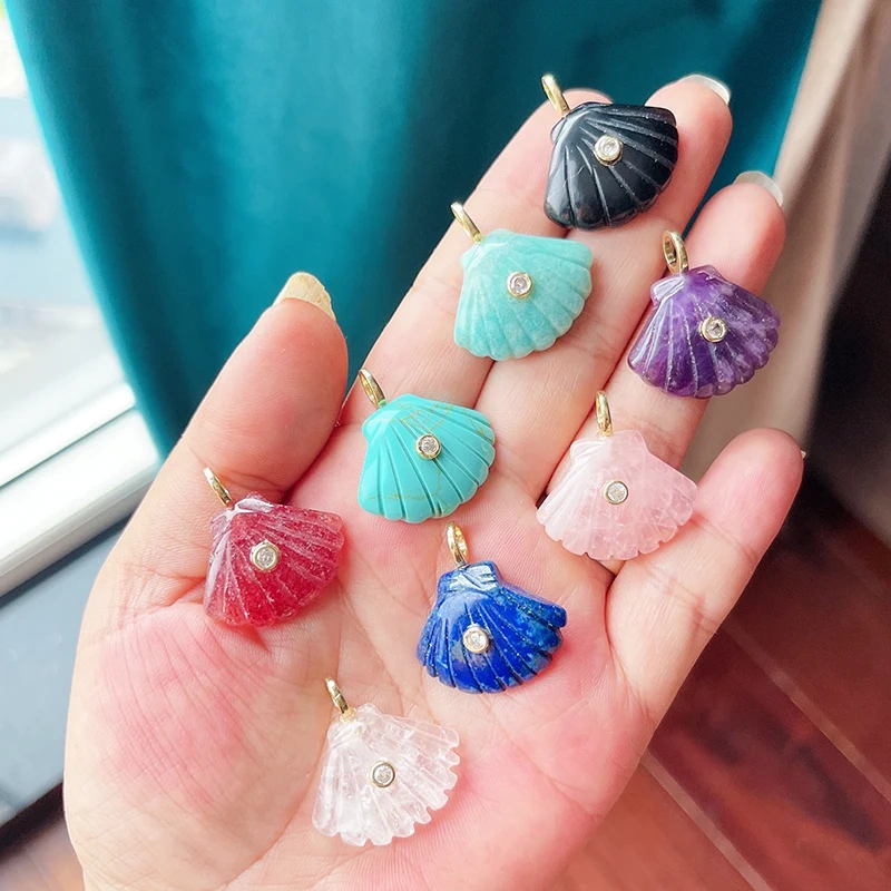 Natural Gemstone Starfish Conch Seashell Pendant,Lapis Lazuli Tiger's Eye Strawberry Quartz Amazonite Beach Boho Necklace R46
