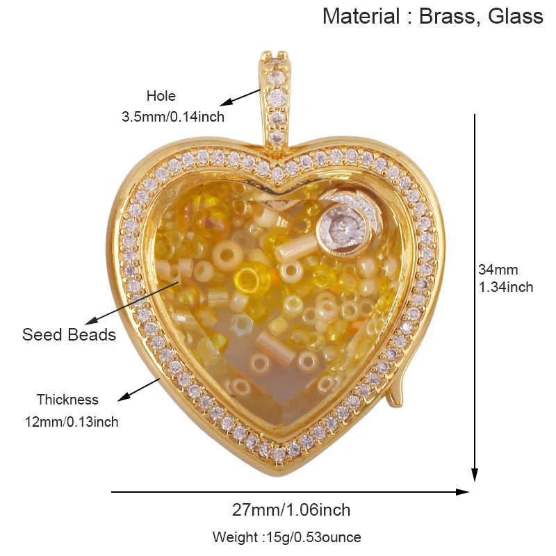 Refillable Locket Open Heart Shape with Gemstone Seed Beads ,18K Real Gold Plated Pendants Jewelry Findings Supplies S60