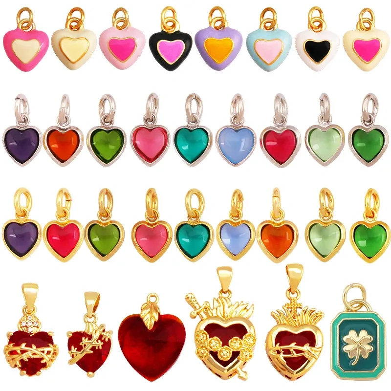 Trendy Red Love Heart Charm Pendant,Colorful Pure Copper Drip Oil Inlaid Zircon Necklace Bracelet Jewelry Accessories Supply R35