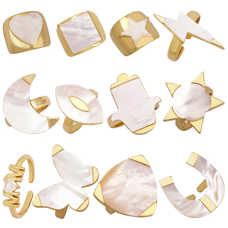 Trendy Shell Star Moon Lightning Butterfly Heart Finger Ring,Geometric Adjustable Open Real 18K Gold Plated Jewelry Supply P09