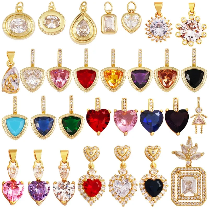 Trendy Cubic Zirconia Inlaid Heart Triangle Water Drop Geometric Pendant Charms,Small Minimalist DIY Necklace Jewelry Supply R04