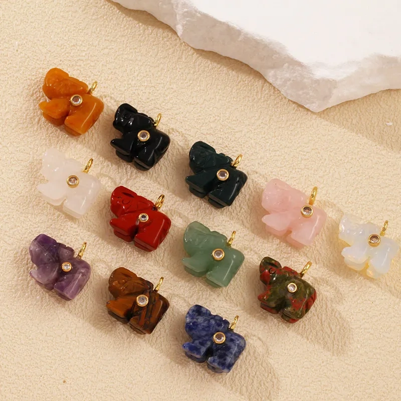 Natural Semi Precious Stone Cat Elephant Polar Bear Animal Charms Pendant,Rose Quartz Turquoise Crystal DIY Jewelry Supply R88