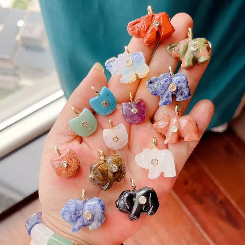 Natural Semi Precious Stone Cat Elephant Polar Bear Animal Charms Pendant,Rose Quartz Turquoise Crystal DIY Jewelry Supply R88