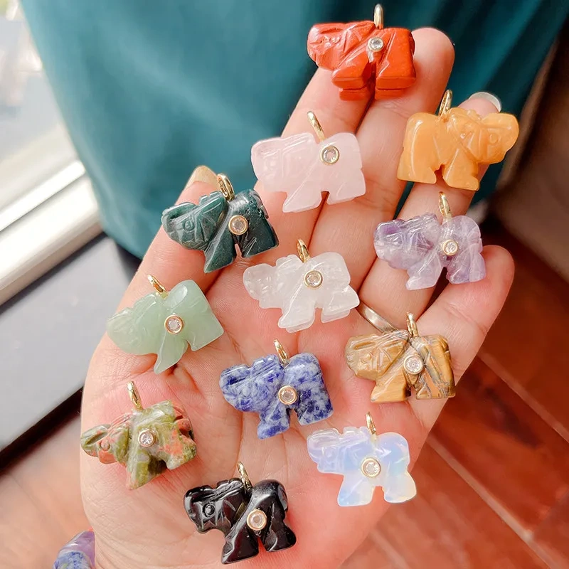 Natural Semi Precious Stone Cat Elephant Polar Bear Animal Charms Pendant,Rose Quartz Turquoise Crystal DIY Jewelry Supply R88
