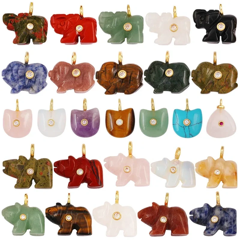 Natural Semi Precious Stone Cat Elephant Polar Bear Animal Charms Pendant,Rose Quartz Turquoise Crystal DIY Jewelry Supply R88