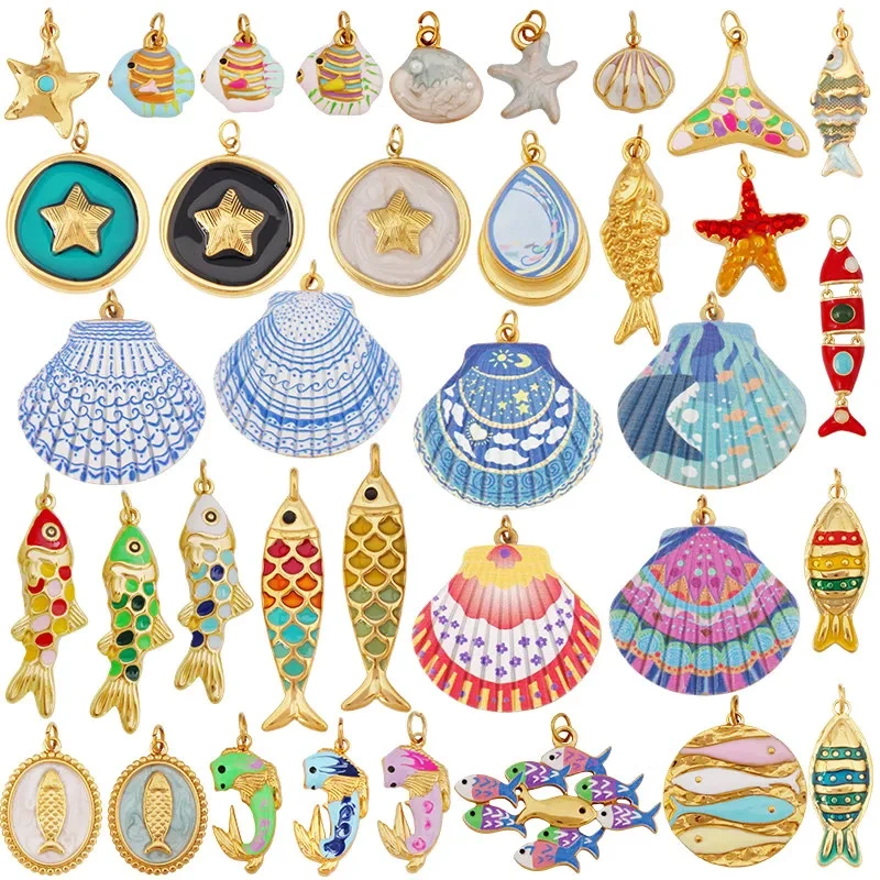 Stainless Steel Ocean Life Clownfish Starfish Dolphin Shell Colorful Charm Pendant,Painted Necklace Bracelet Jewelry Supply R78