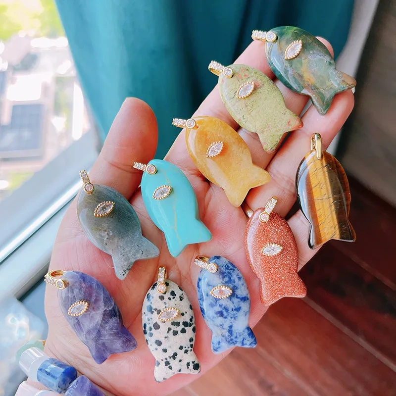 Ocean Dolphin Penguin Big Fish Charms Pendant, Natural Stone Amazonite Pink Quartz Turquoise DIY Bracelet Necklace Jewelry R90