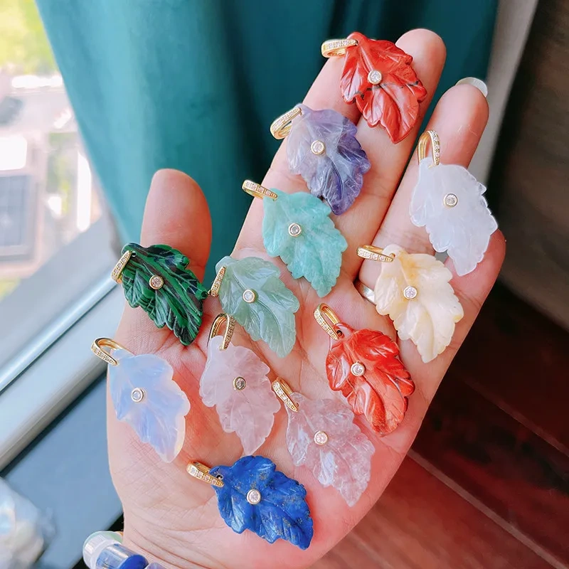 Trendy Leaf Natural Gemstone Charms Pendant,Amazonite Rose Quartz Tiger Eye Turquoise Crystal DIY Necklace Jewelry Supply R97