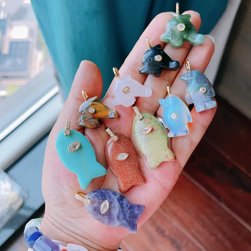 Ocean Dolphin Penguin Big Fish Charms Pendant, Natural Stone Amazonite Pink Quartz Turquoise DIY Bracelet Necklace Jewelry R90