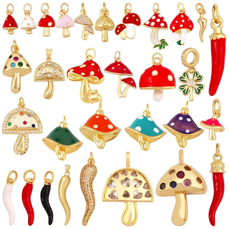 Trendy Red Mushroom Chilly Charms Pendant,Colorful Enamel Inlaid Cubic Zirconia Necklace Bracelet Jewelry Making Accessories R86