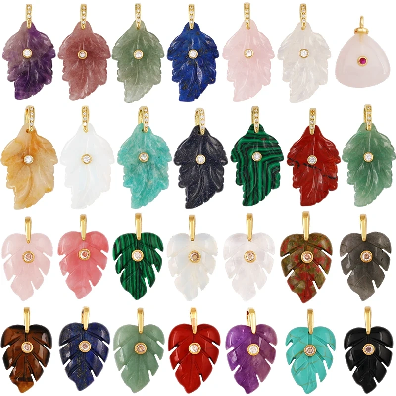 Trendy Leaf Natural Gemstone Charms Pendant,Amazonite Rose Quartz Tiger Eye Turquoise Crystal DIY Necklace Jewelry Supply R97