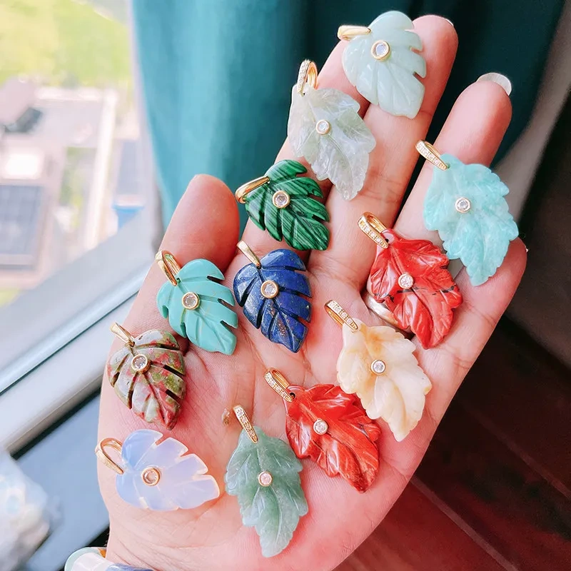 Trendy Leaf Natural Gemstone Charms Pendant,Amazonite Rose Quartz Tiger Eye Turquoise Crystal DIY Necklace Jewelry Supply R97