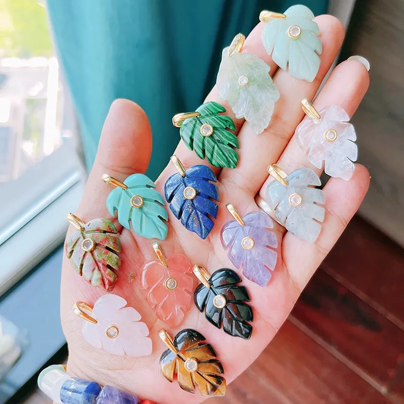 Trendy Leaf Natural Gemstone Charms Pendant,Amazonite Rose Quartz Tiger Eye Turquoise Crystal DIY Necklace Jewelry Supply R97
