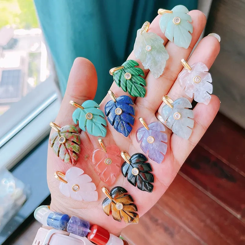 Trendy Leaf Natural Gemstone Charms Pendant,Amazonite Rose Quartz Tiger Eye Turquoise Crystal DIY Necklace Jewelry Supply R97