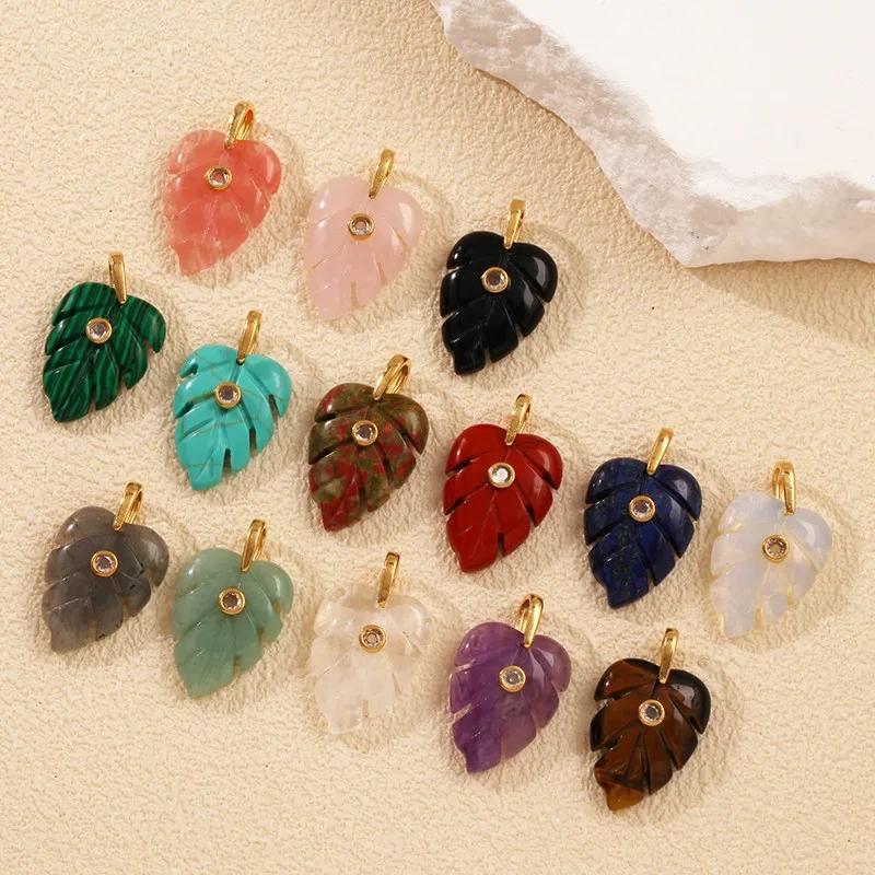 Trendy Leaf Natural Gemstone Charms Pendant,Amazonite Rose Quartz Tiger Eye Turquoise Crystal DIY Necklace Jewelry Supply R97